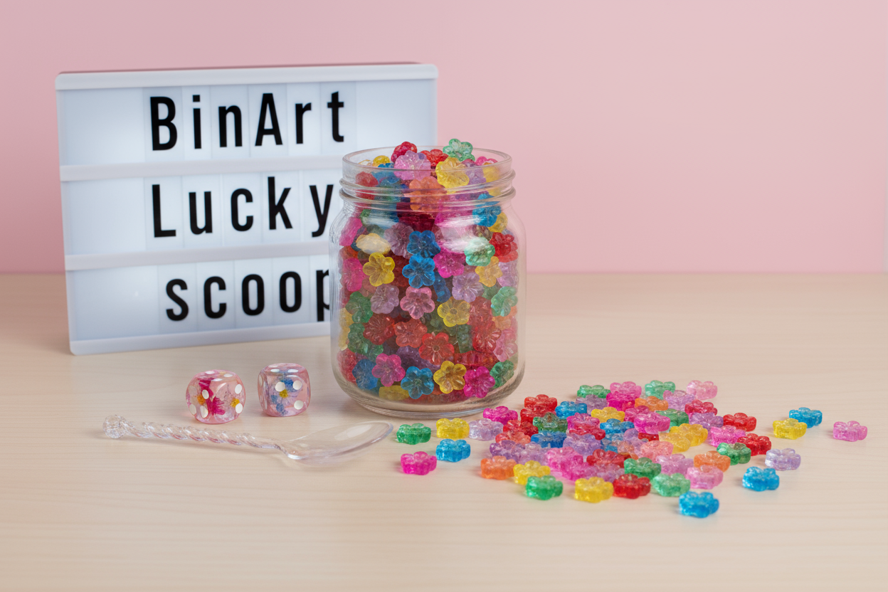 colorful flower reain beads in a glas jar, with glas spoon besides and spread some flower resin beads, with two pink transparent dices besides, light board "BinArt Lucky scoop", on the table with pink wall