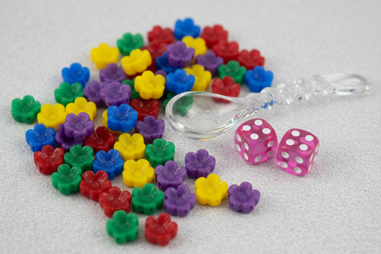 scatered colorful resin flowers beads with glass spoon and 2 pink transparent dices