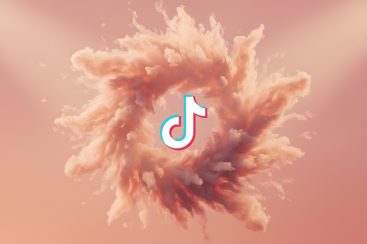 Tiktok logo dengan background asap peach - rosa yang dramatis